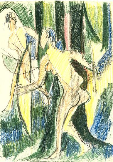 Ernst Ludwig Kirchner Arching girls in the wood - Crayons and pencil oil painting image